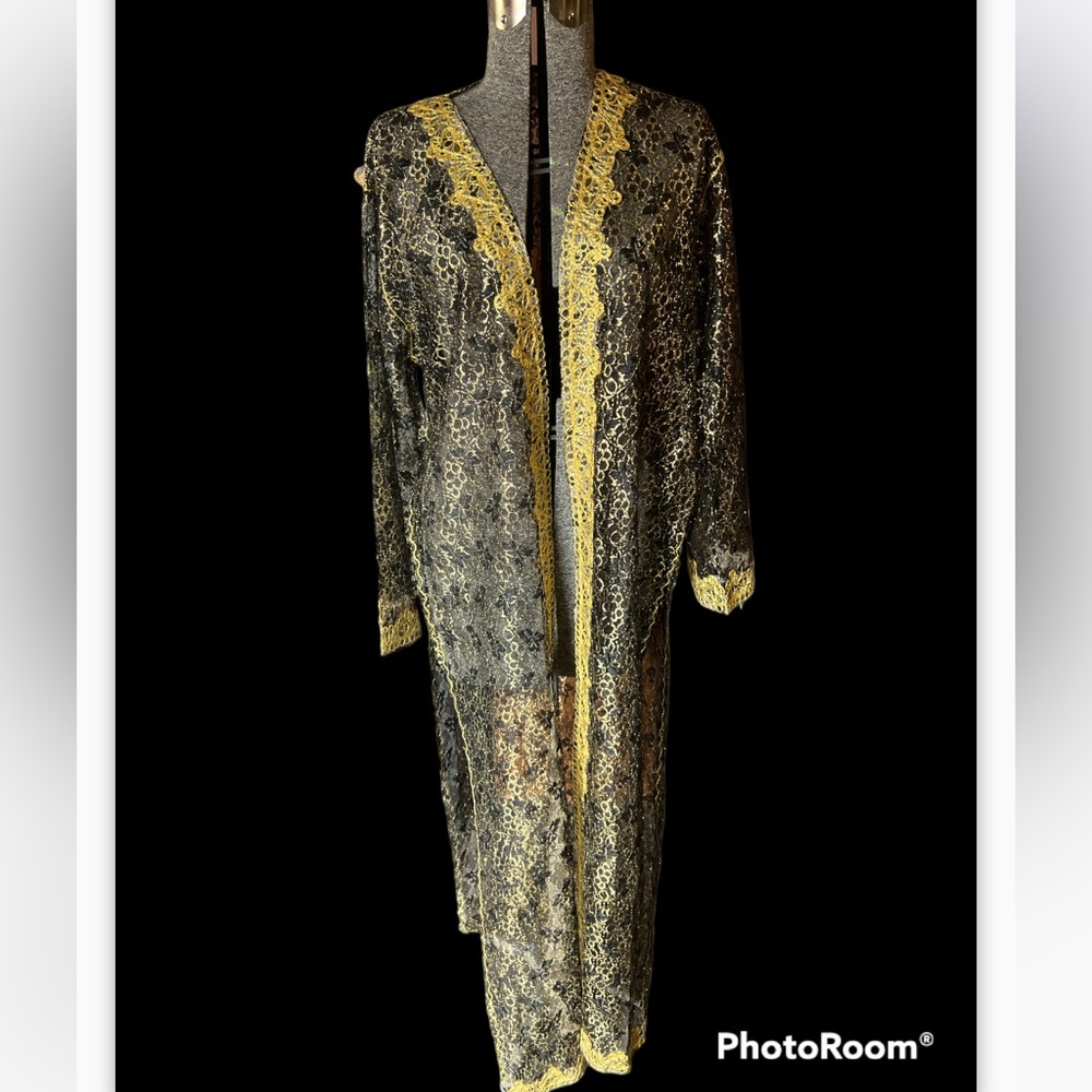 Gorgeous vintage sheer black lace trimmed with gold over coat or pool cover up